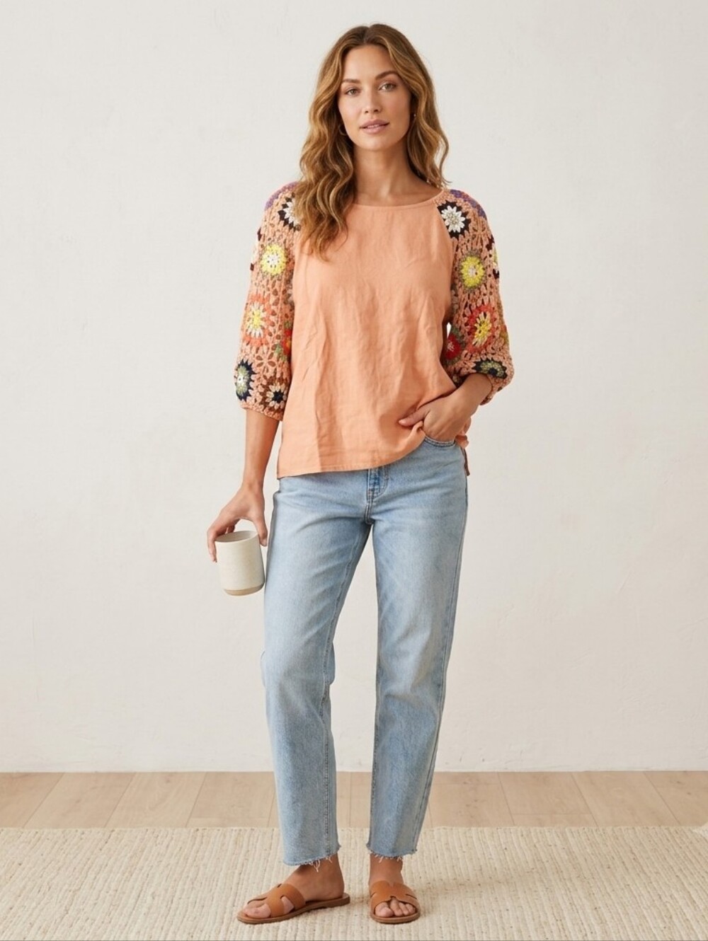 Umgee Crochet Sleeve Linen Blend Boho Top Large NWT